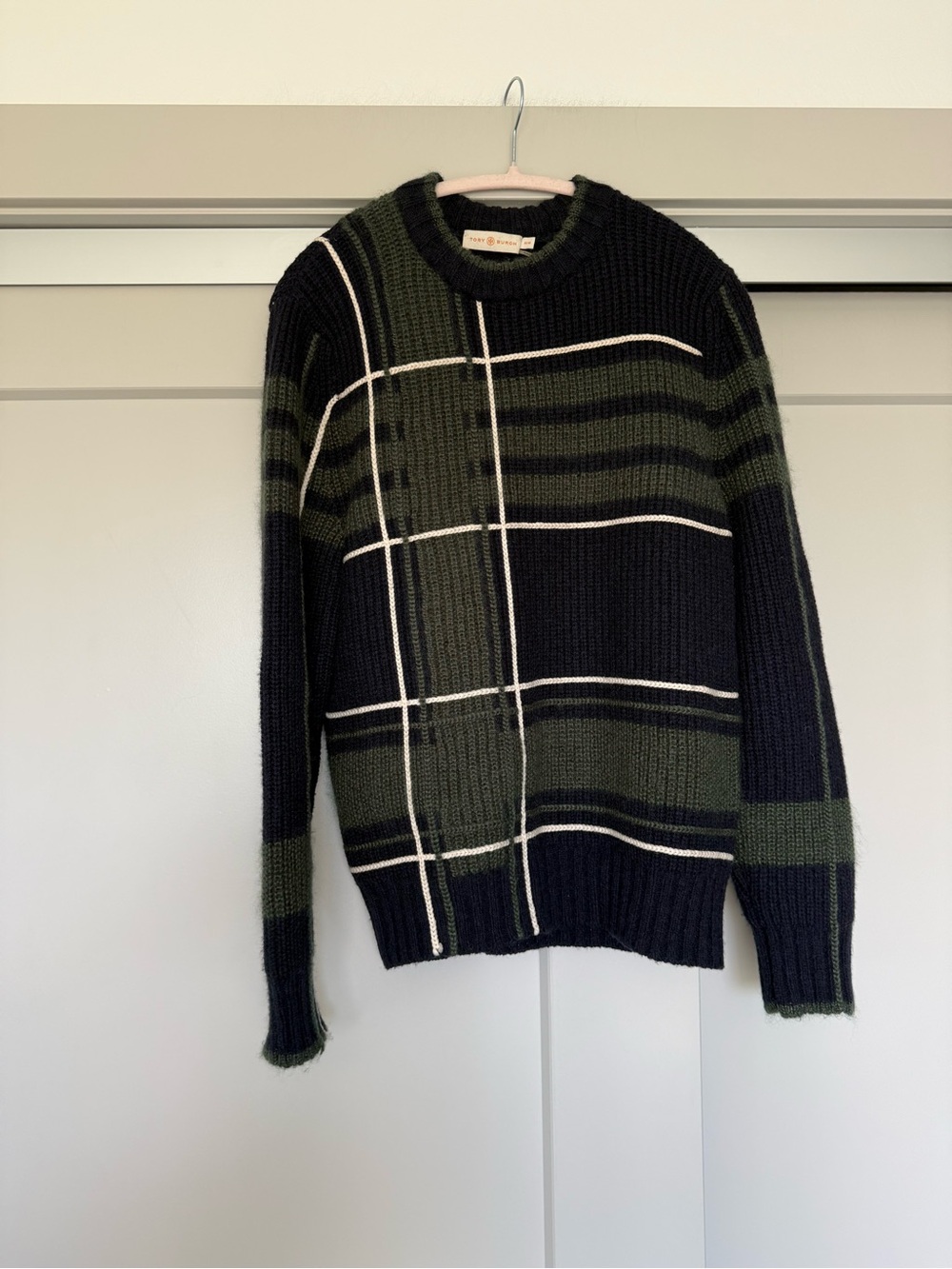 Tory Burch Navy & Olive Green Crewneck Stripe Knit Wool Camel Mohair Sweater